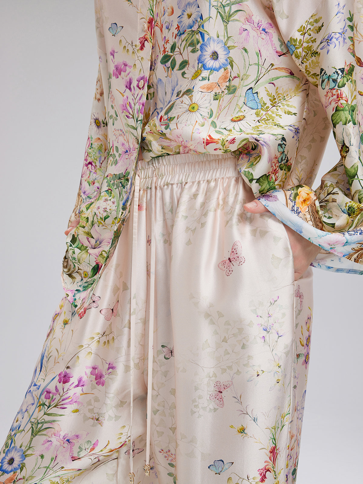 İpek Saten Çiçek Desenli Pantolon (%100 İpek)