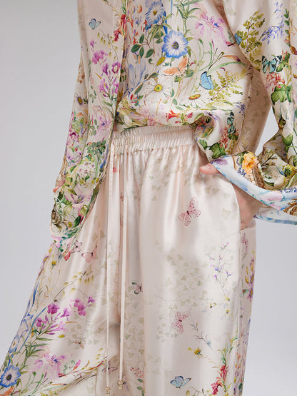 İpek Saten Çiçek Desenli Pantolon (%100 İpek)