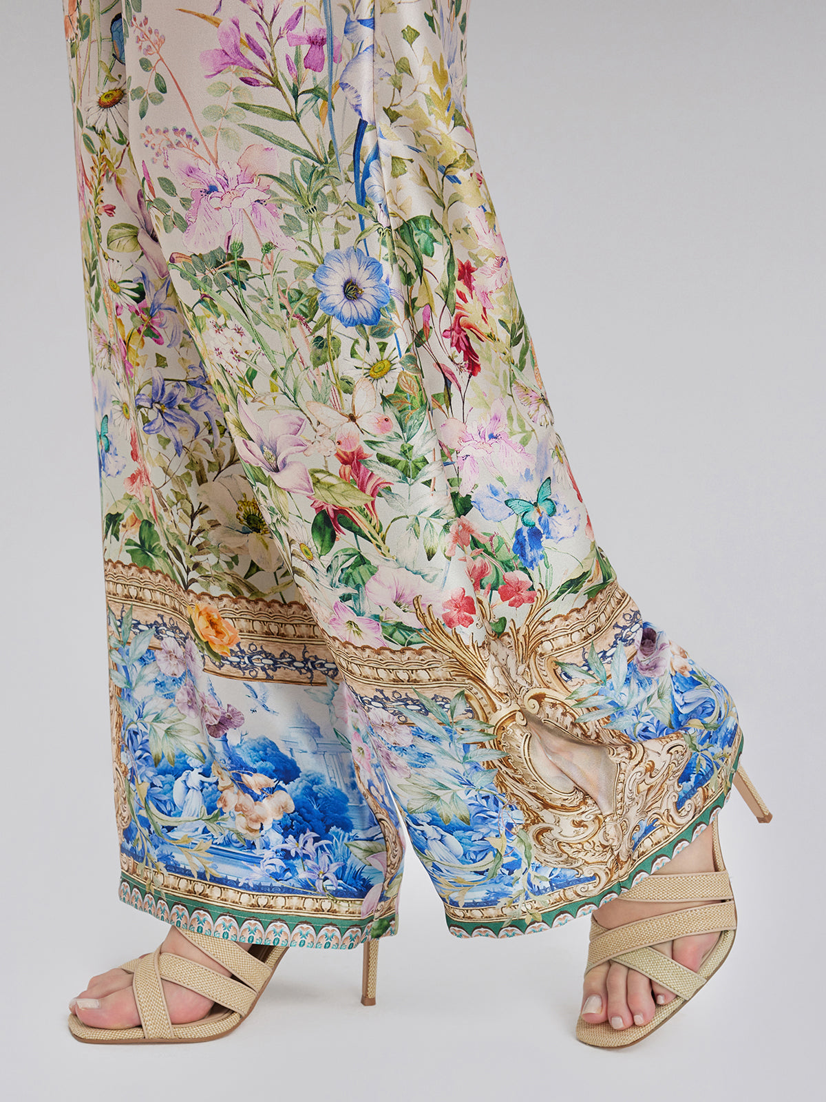 İpek Saten Çiçek Desenli Pantolon (%100 İpek)