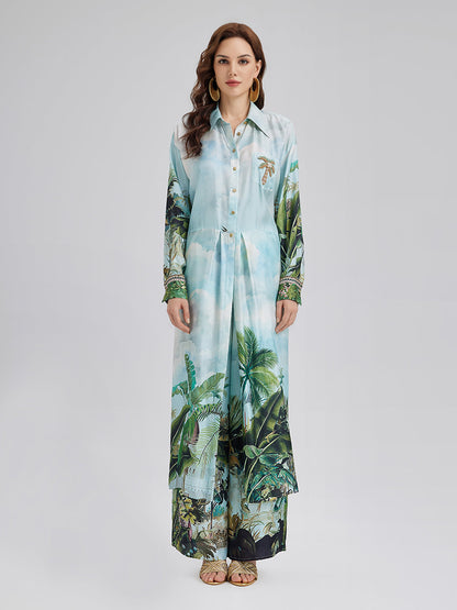 İpek Palmiye Desenli Bağlamalı Gömlek