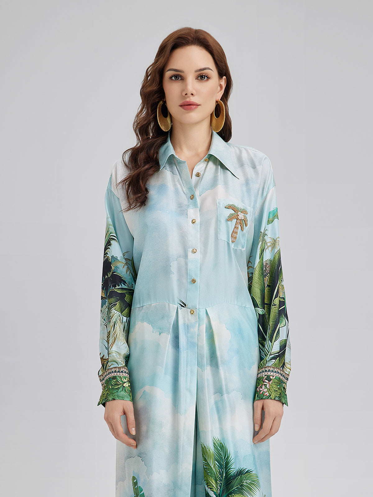 İpek Palmiye Desenli Bağlamalı Gömlek
