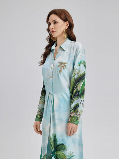 İpek Palmiye Desenli Bağlamalı Gömlek