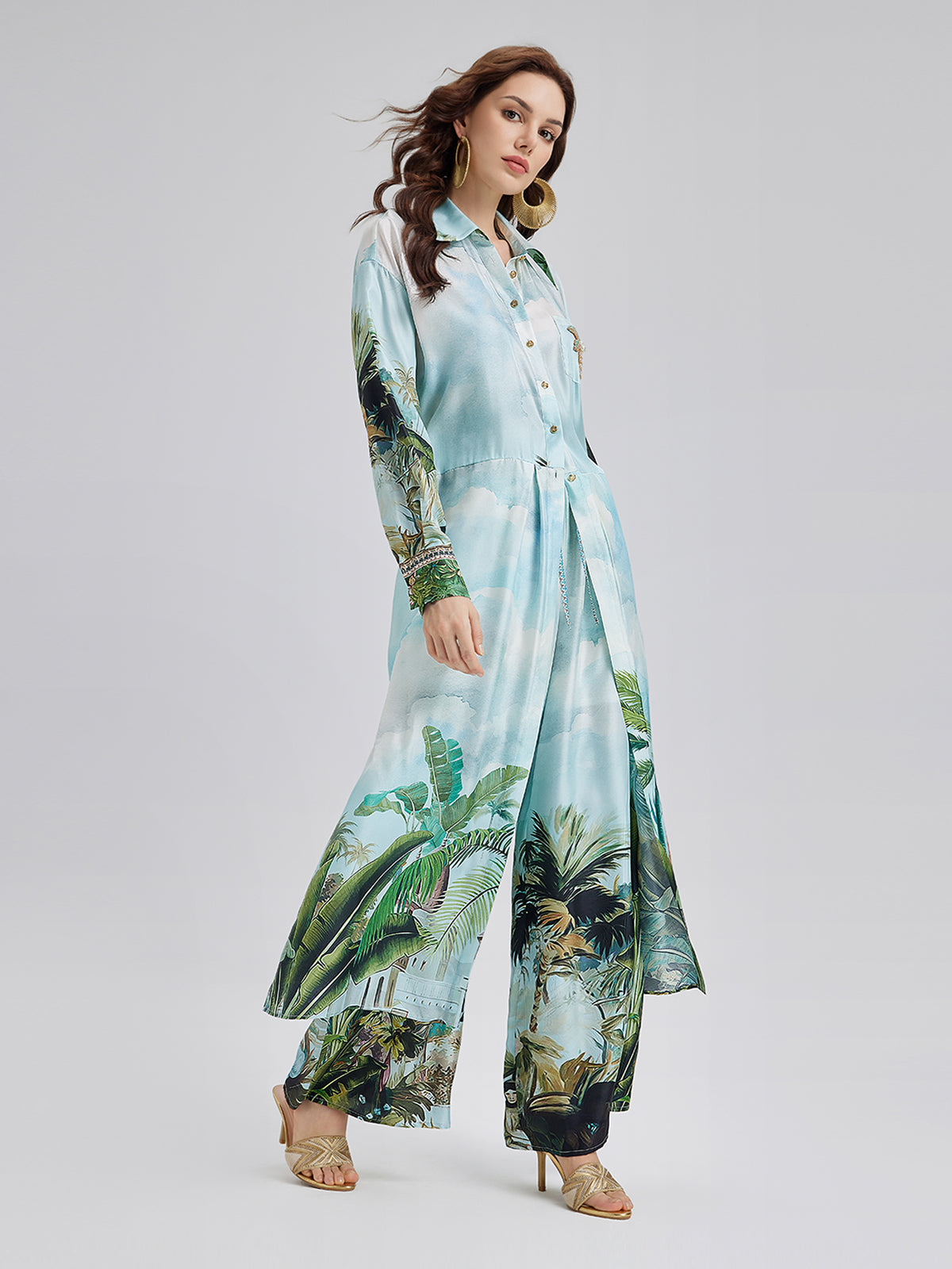 İpek Palmiye Desenli Bağlamalı Gömlek