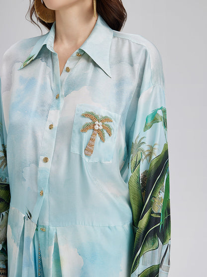 İpek Palmiye Desenli Bağlamalı Gömlek