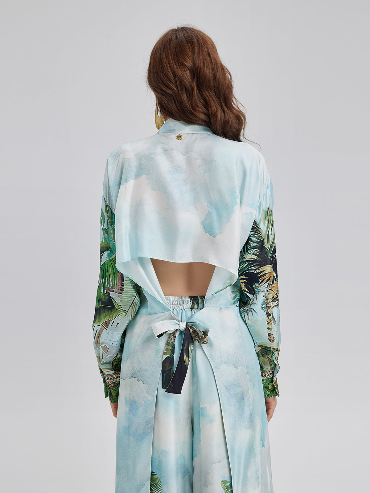 İpek Palmiye Desenli Bağlamalı Gömlek