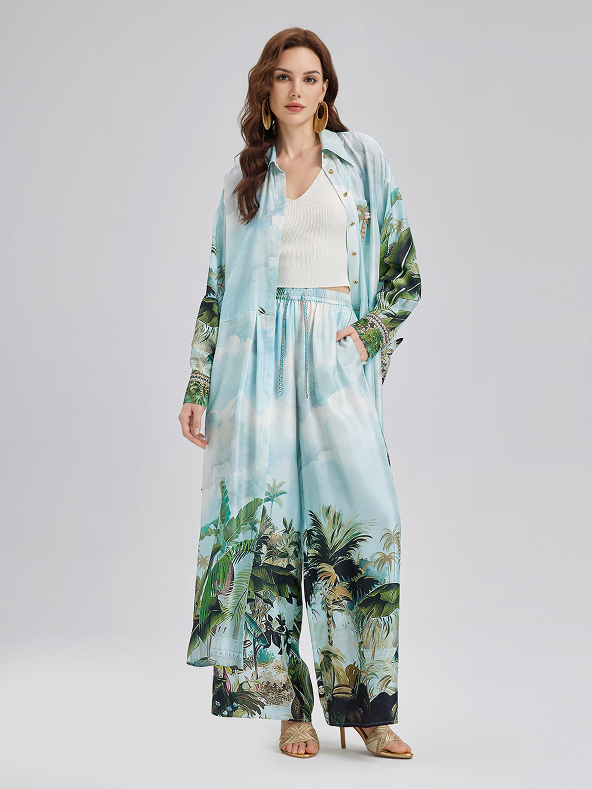 İpek Palmiye Desenli Bağlamalı Gömlek