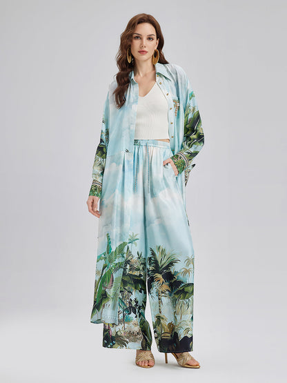 İpek Palmiye Desenli Bağlamalı Gömlek