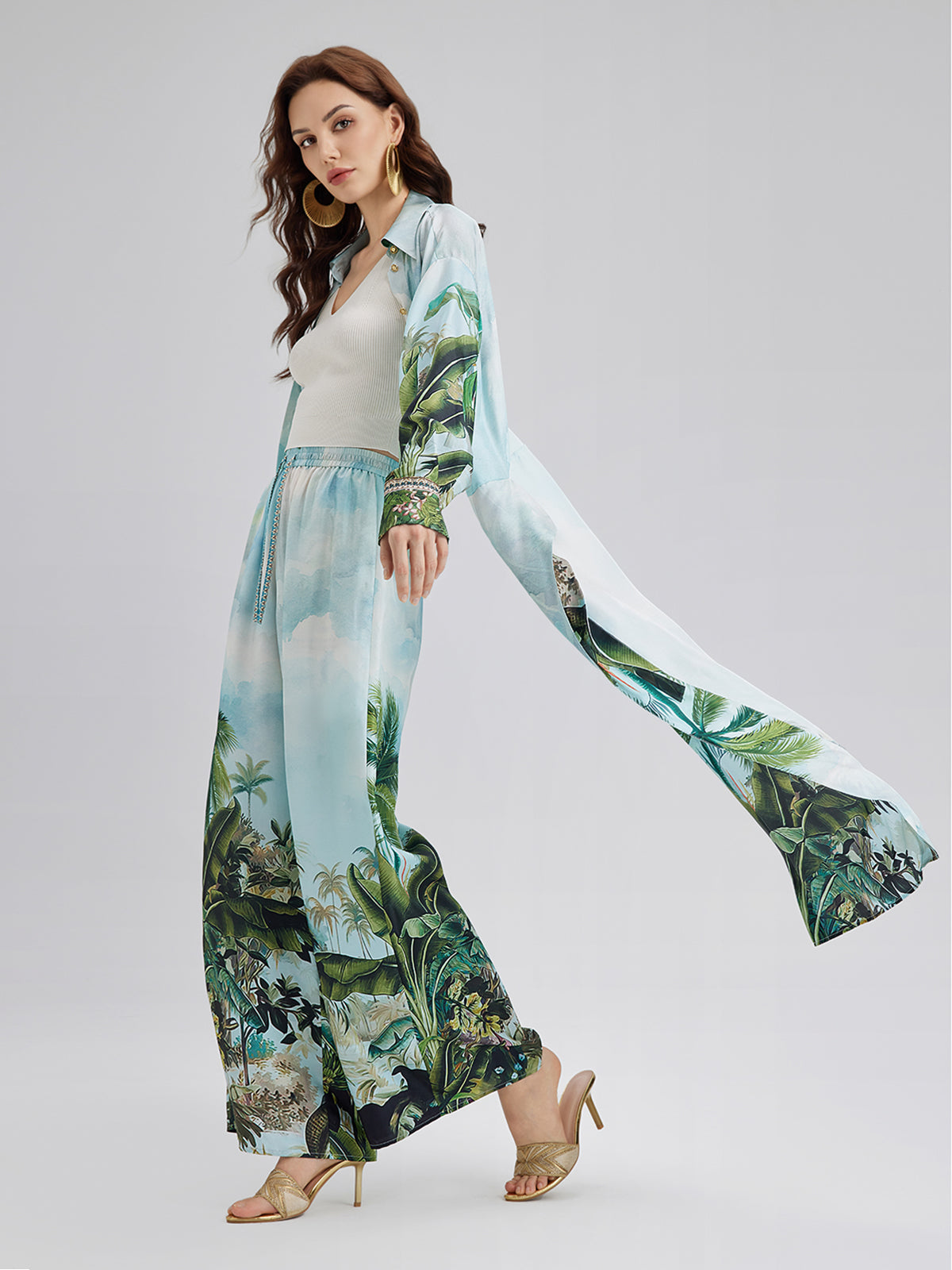 İpek Palmiye Desenli Bağlamalı Gömlek