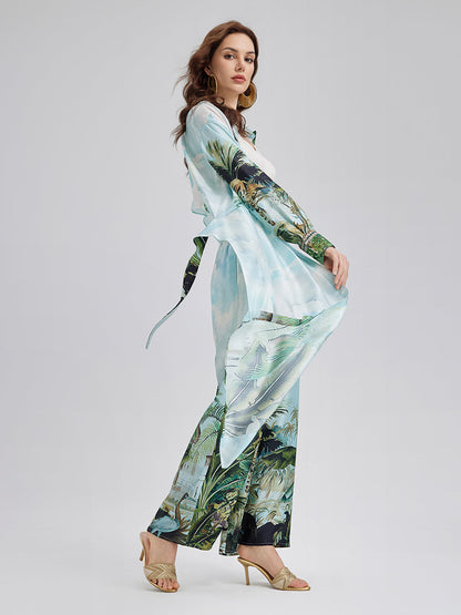 İpek Palmiye Desenli Bağlamalı Gömlek