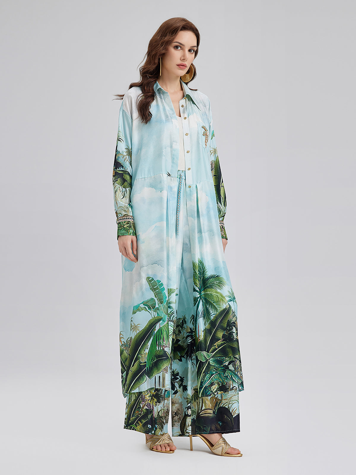 İpek Palmiye Desenli Bağlamalı Gömlek