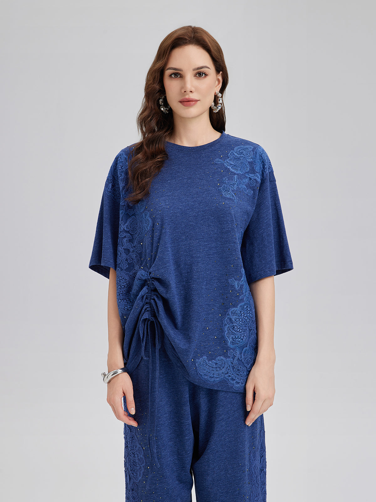 El İşi Dantel Aplike Triko Büzgülü Bluz