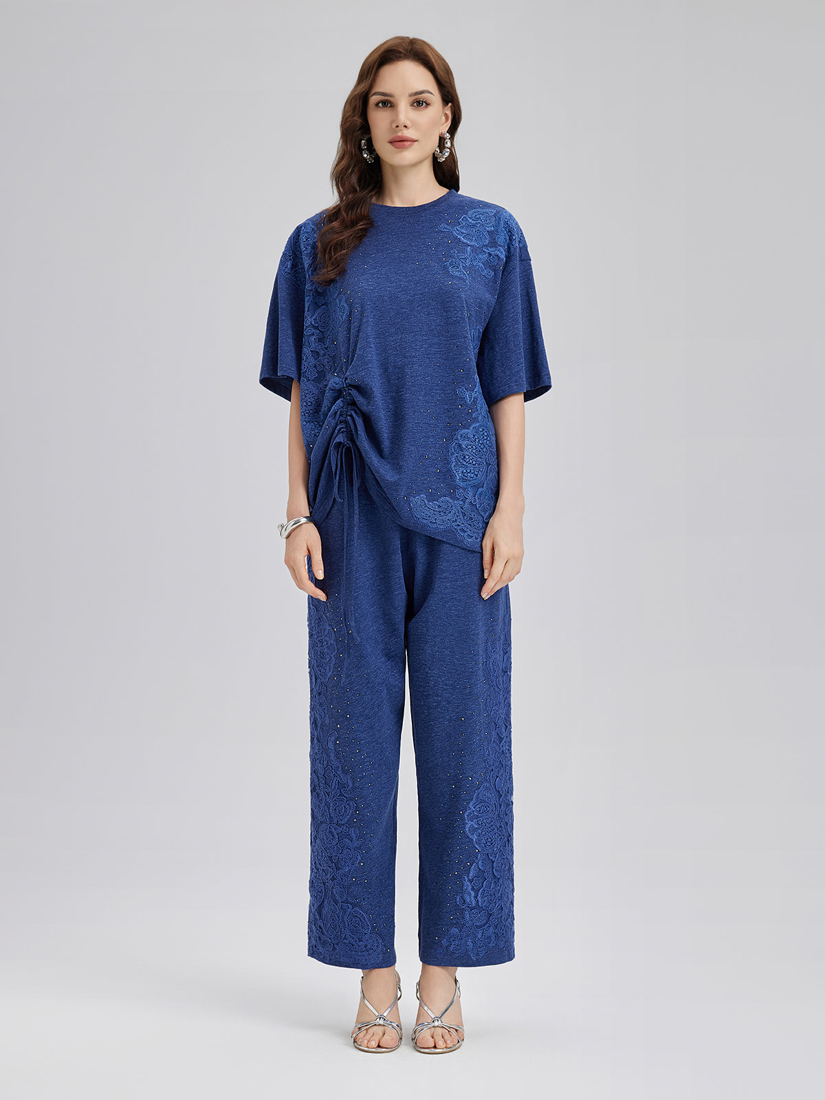 El İşi Dantel Aplike Triko Büzgülü Bluz