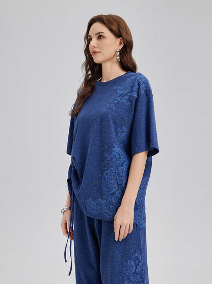 El İşi Dantel Aplike Triko Büzgülü Bluz