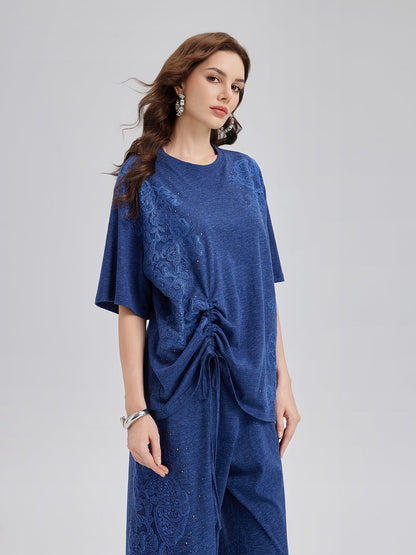 El İşi Dantel Aplike Triko Büzgülü Bluz