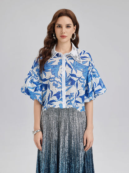 El İşlemeli Taşlı Çiçekli Bluz