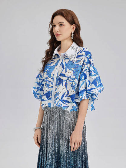 El İşlemeli Taşlı Çiçekli Bluz