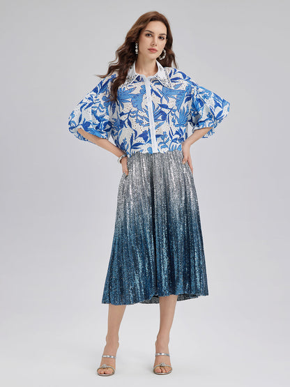 Renk Geçişli Pullu Pileli Midi Etek