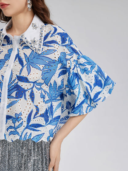 El İşlemeli Taşlı Çiçekli Bluz