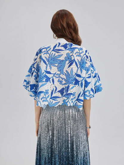 El İşlemeli Taşlı Çiçekli Bluz