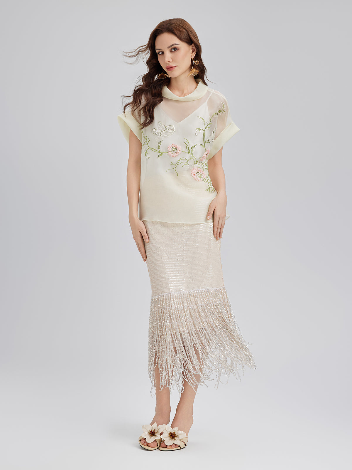 Pullu Kristal Püsküllü Yırtmaçlı Etek