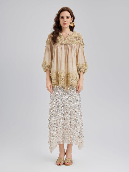 Liyosel Parçalı Pileli Çiçekli Dantel Bluz