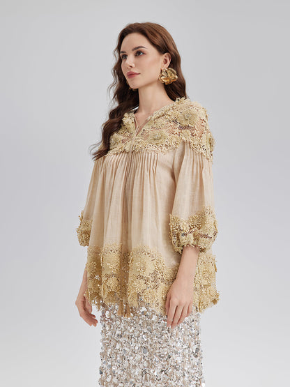 Liyosel Parçalı Pileli Çiçekli Dantel Bluz