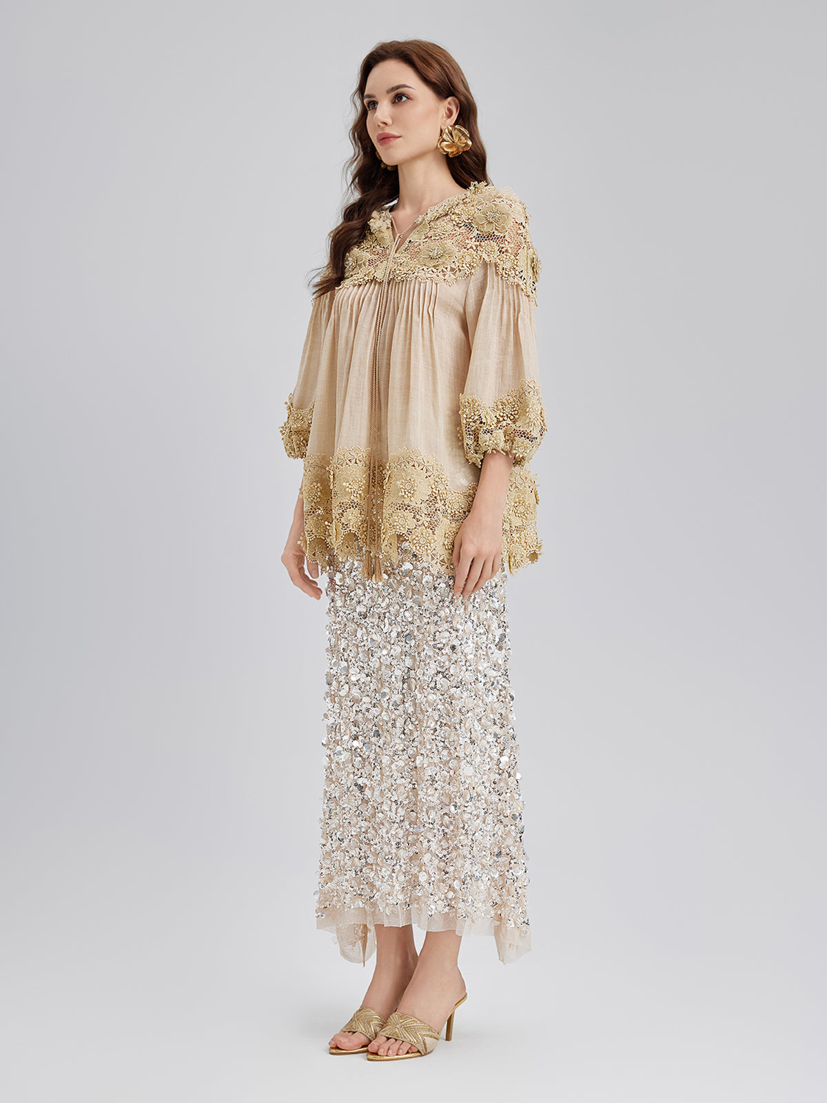 Liyosel Parçalı Pileli Çiçekli Dantel Bluz