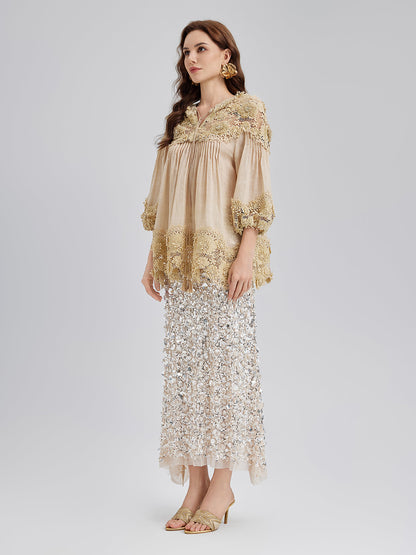 Liyosel Parçalı Pileli Çiçekli Dantel Bluz