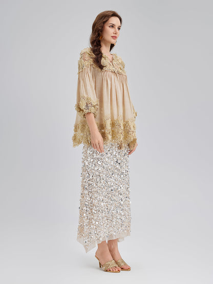 Liyosel Parçalı Pileli Çiçekli Dantel Bluz