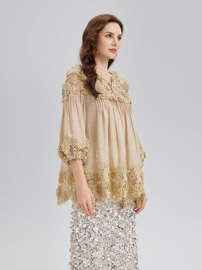 Liyosel Parçalı Pileli Çiçekli Dantel Bluz