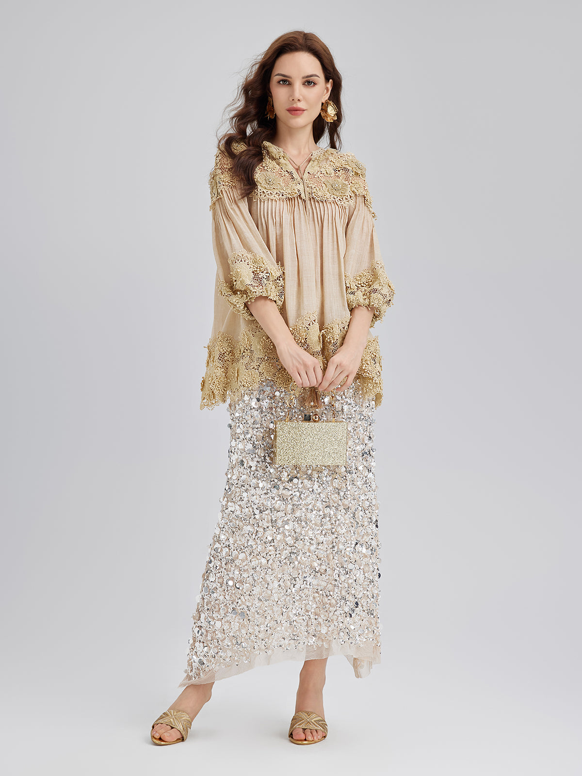 Liyosel Parçalı Pileli Çiçekli Dantel Bluz