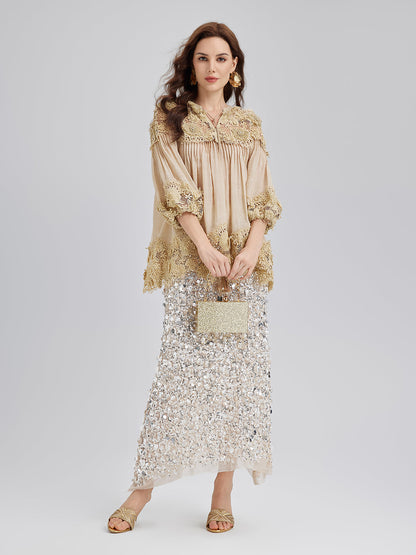 Liyosel Parçalı Pileli Çiçekli Dantel Bluz