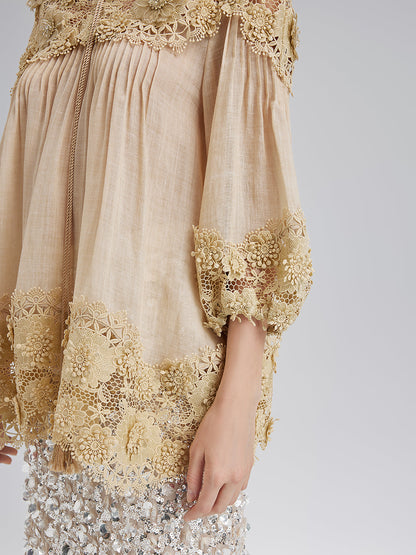 Liyosel Parçalı Pileli Çiçekli Dantel Bluz