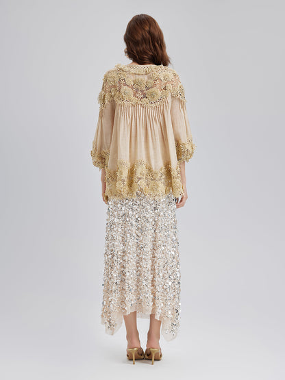 Liyosel Parçalı Pileli Çiçekli Dantel Bluz