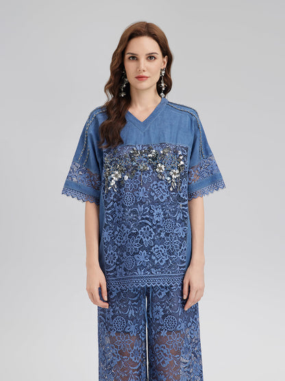 El İşlemeli Boncuklu Dantel Parçalı V Yaka Bluz