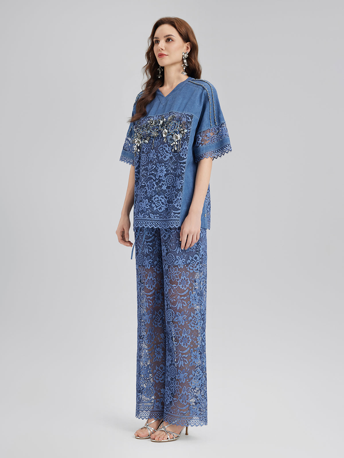 Kum Yıkamalı Dantelli Beli Lastikli Pantolon