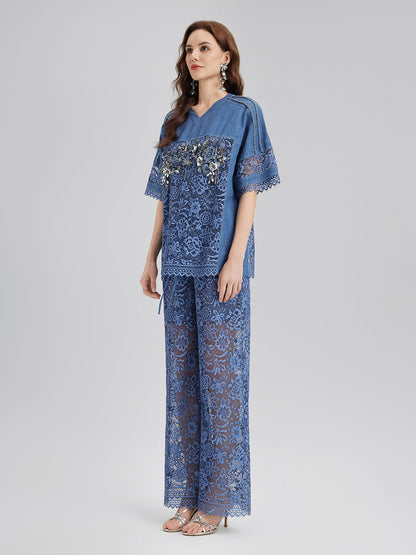 Kum Yıkamalı Dantelli Beli Lastikli Pantolon