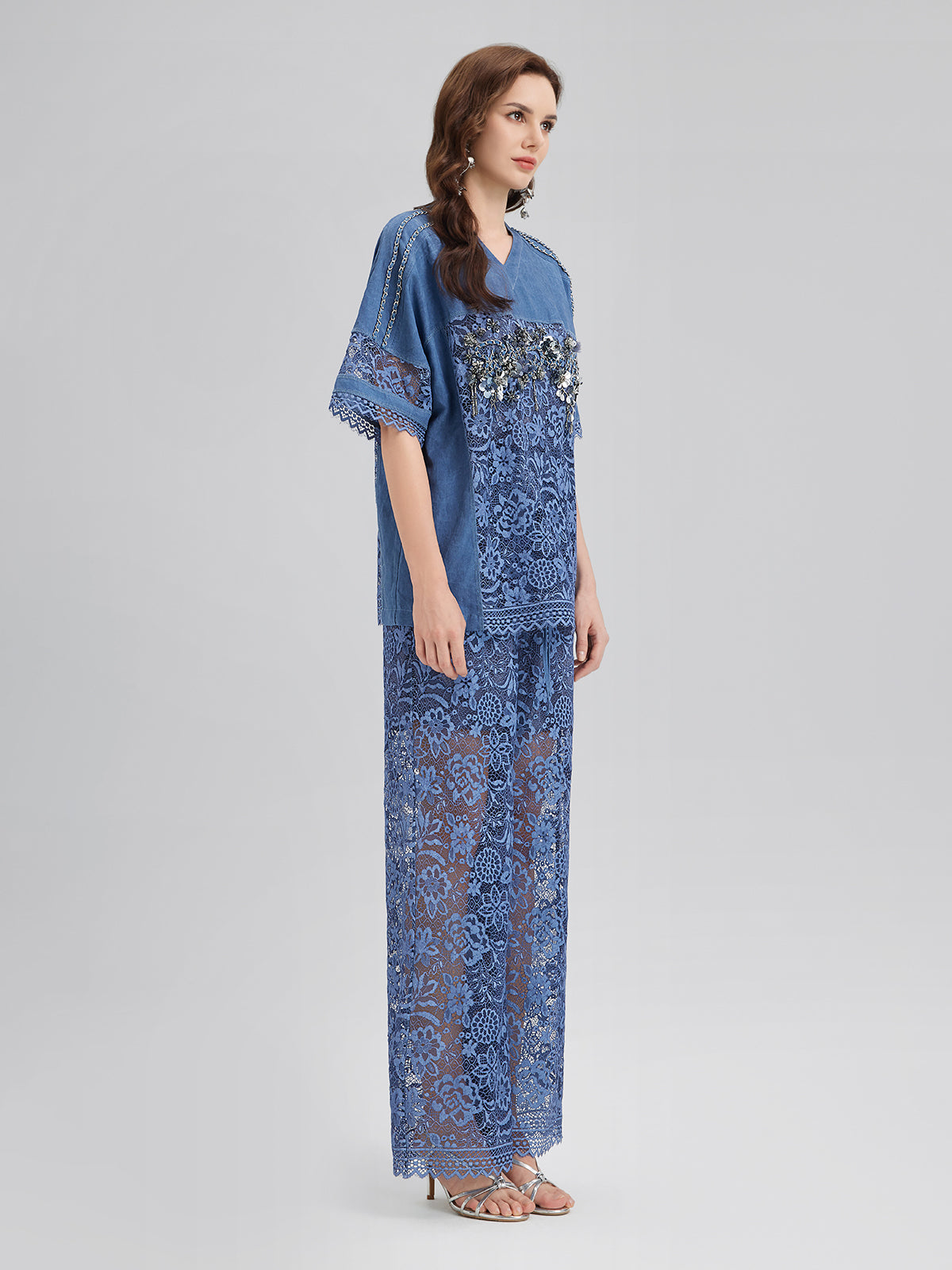 Kum Yıkamalı Dantelli Beli Lastikli Pantolon