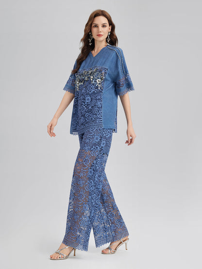 El İşlemeli Boncuklu Dantel Parçalı V Yaka Bluz