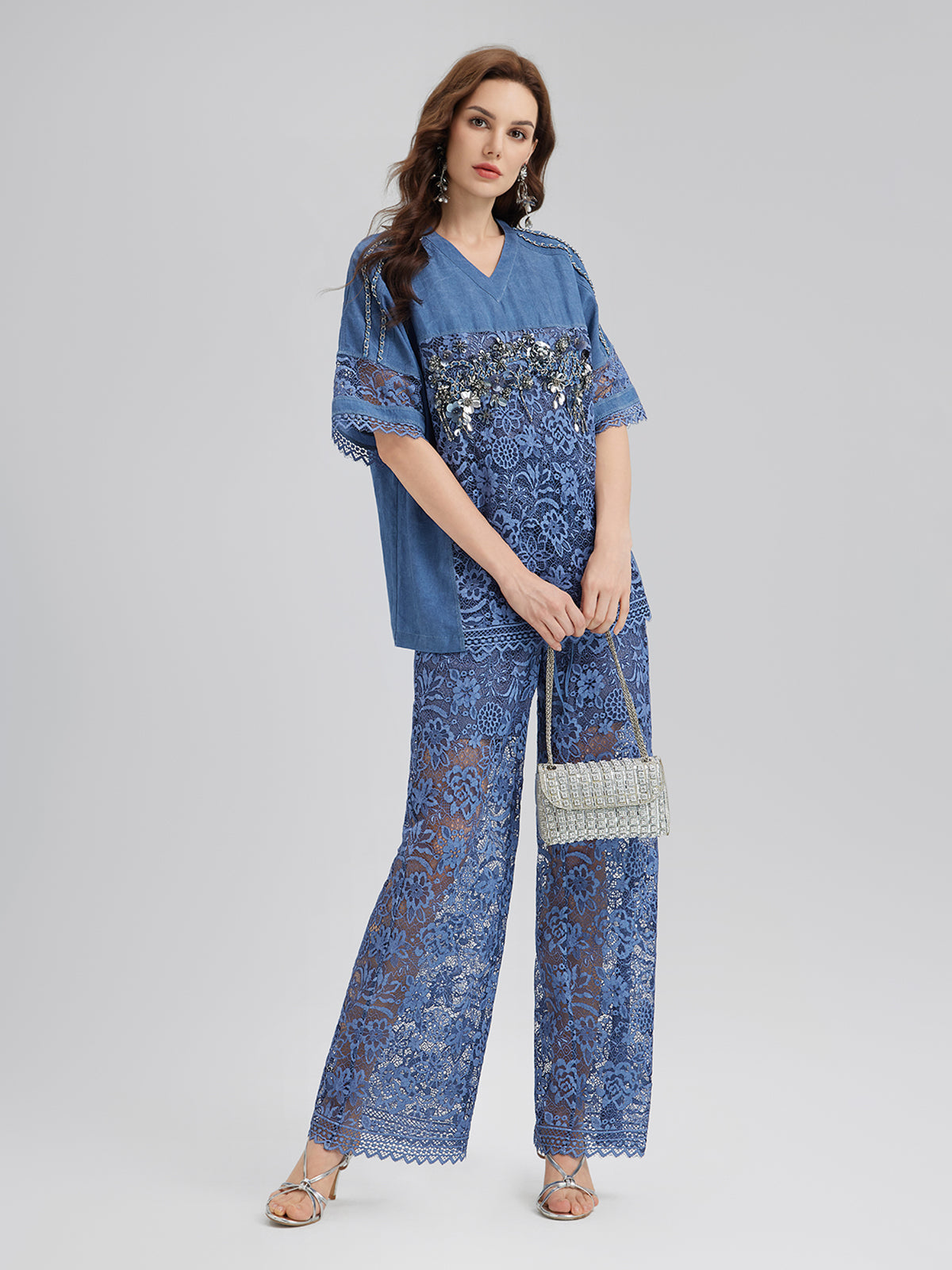 Kum Yıkamalı Dantelli Beli Lastikli Pantolon