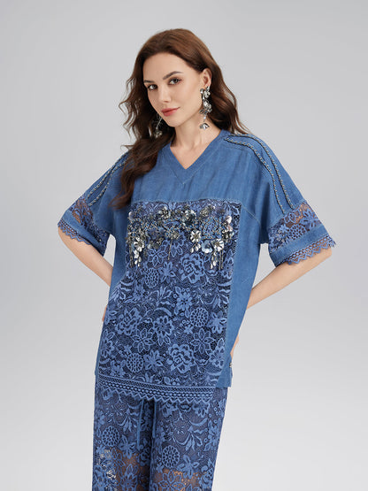 El İşlemeli Boncuklu Dantel Parçalı V Yaka Bluz