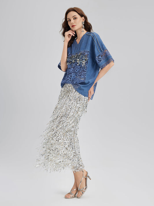 El İşlemeli Boncuklu Dantel Parçalı V Yaka Bluz