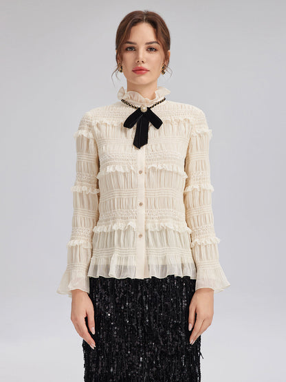 Dokulu Pileli Fırfırlı Gömlek (Kurdele Dahil)