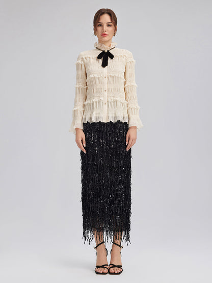 Dokulu Pileli Fırfırlı Gömlek (Kurdele Dahil)