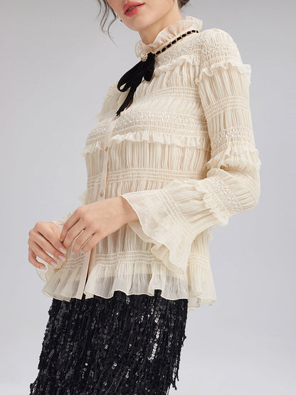 Dokulu Pileli Fırfırlı Gömlek (Kurdele Dahil)