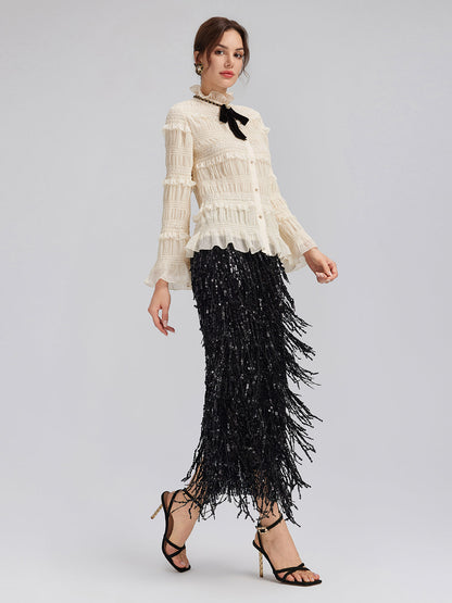 Dokulu Pileli Fırfırlı Gömlek (Kurdele Dahil)