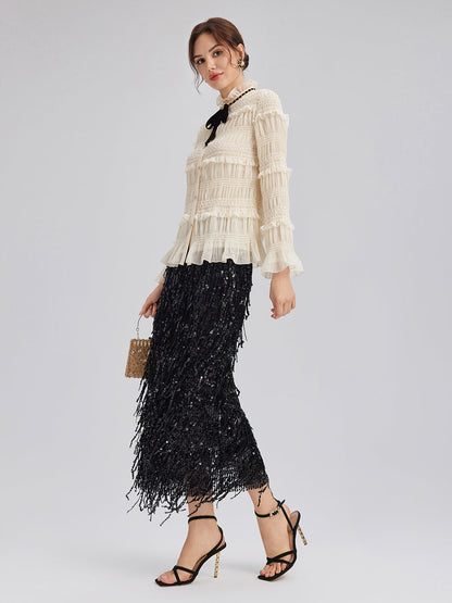 Dokulu Pileli Fırfırlı Gömlek (Kurdele Dahil)