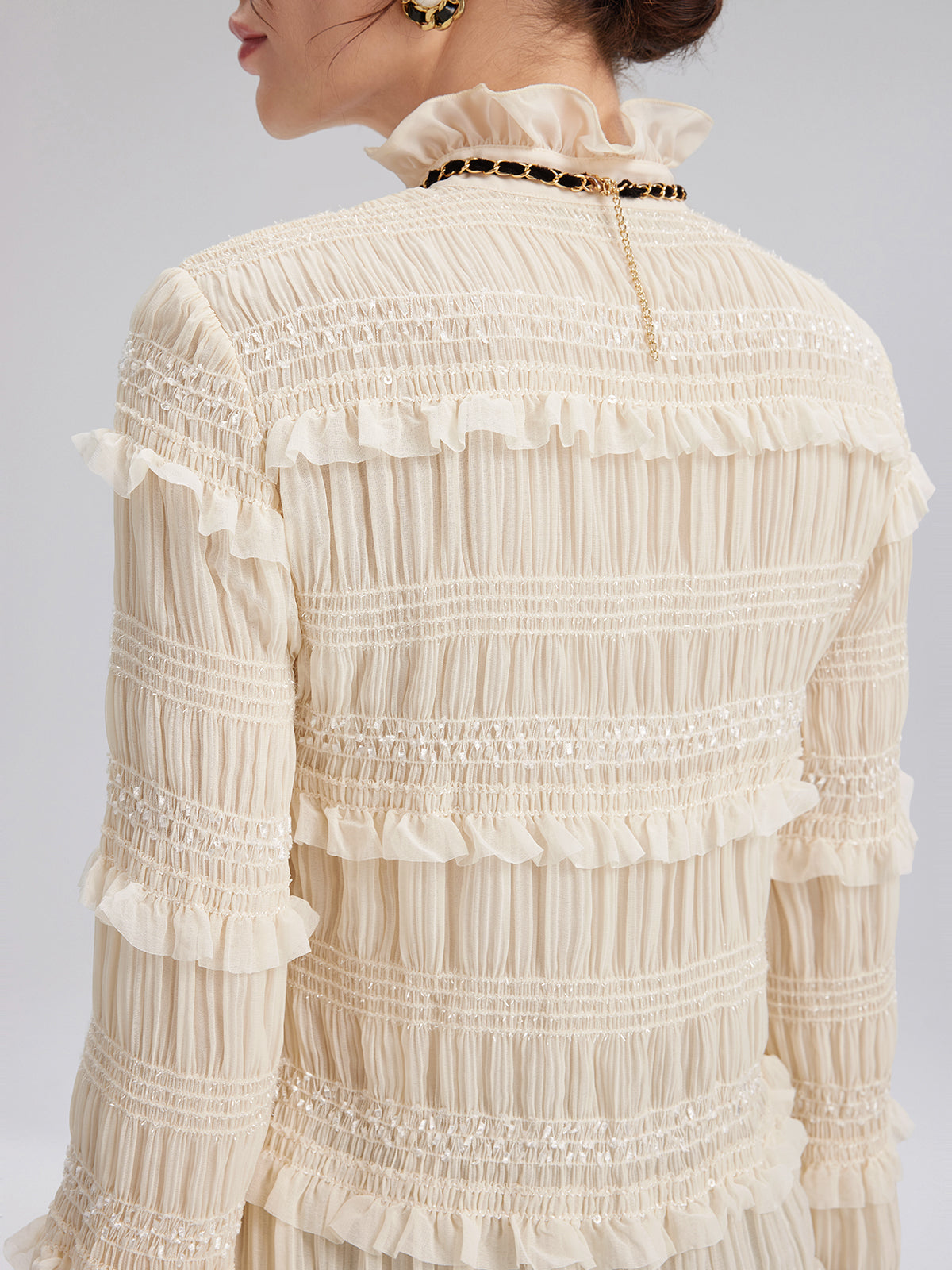 Dokulu Pileli Fırfırlı Gömlek (Kurdele Dahil)