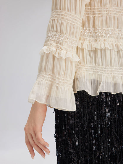 Dokulu Pileli Fırfırlı Gömlek (Kurdele Dahil)