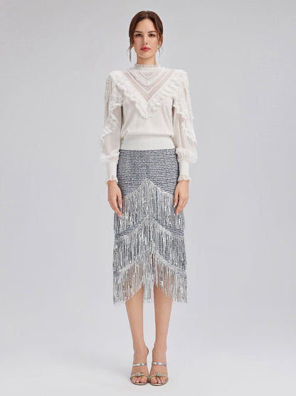 İpek Kollu Dantel ve İnci Detaylı Triko Bluz